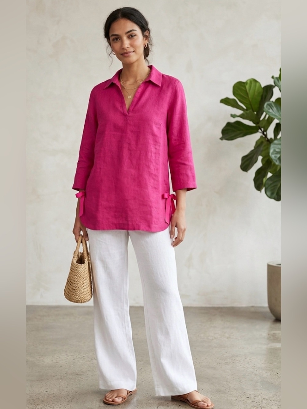 Isaac Mizrahi Fuchsia Split-V Tunic with Side Ties Linen